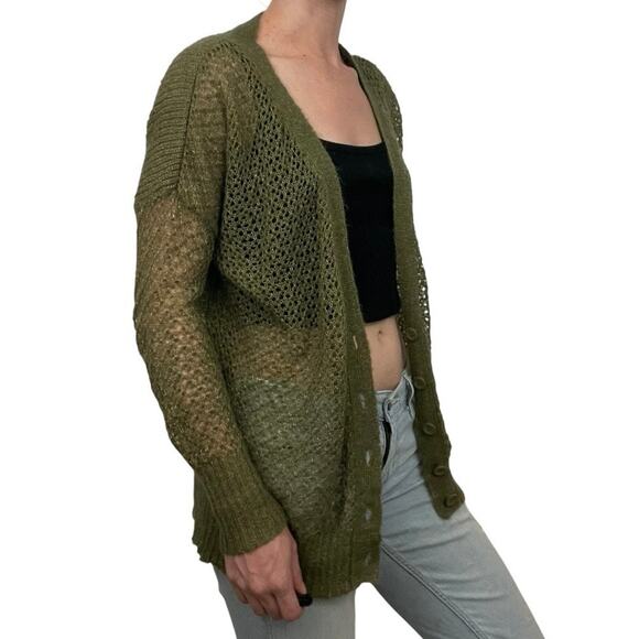 Kensie Olive Green & Gold Metallic Knit Button Down Cardigan Sweater - Picture 4 of 9
